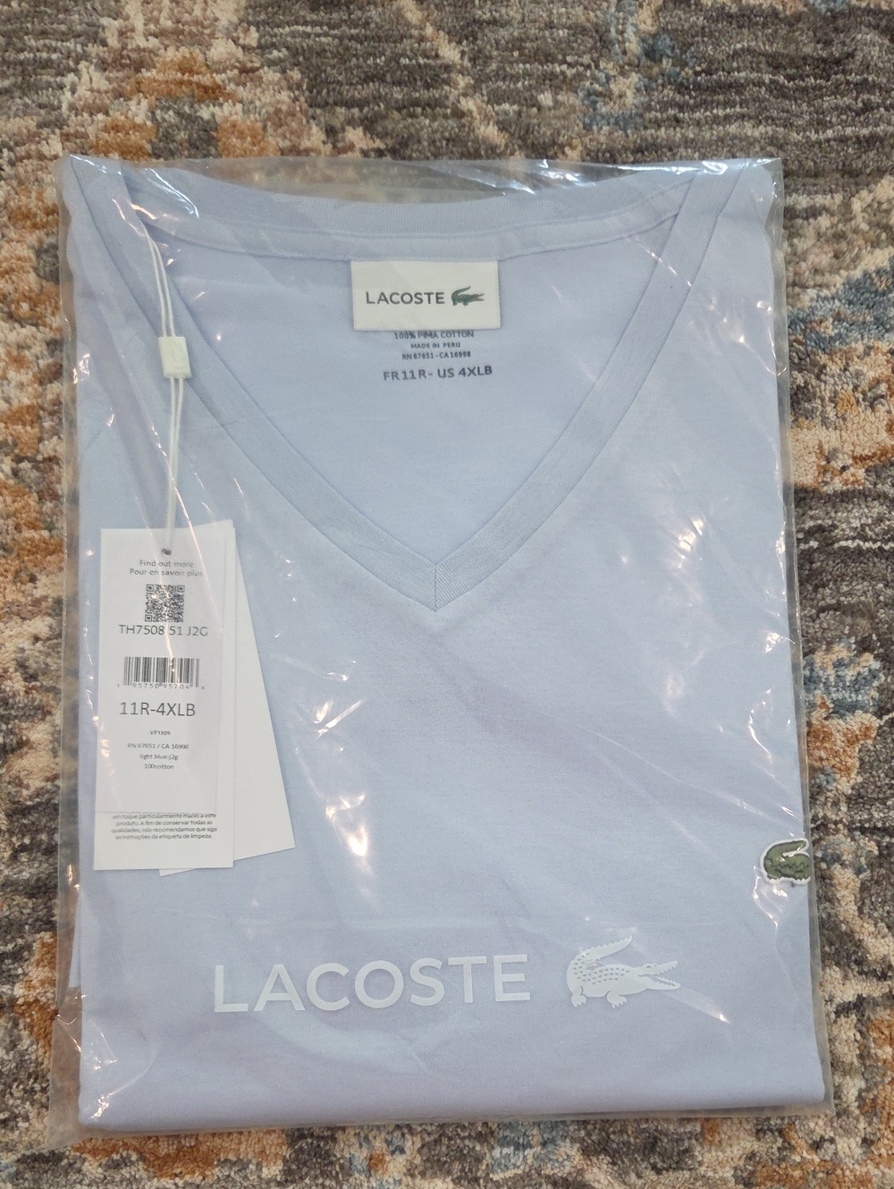 Lacoste Mens V-Neck Short Sleeve Tee - Light Blue 4XLB